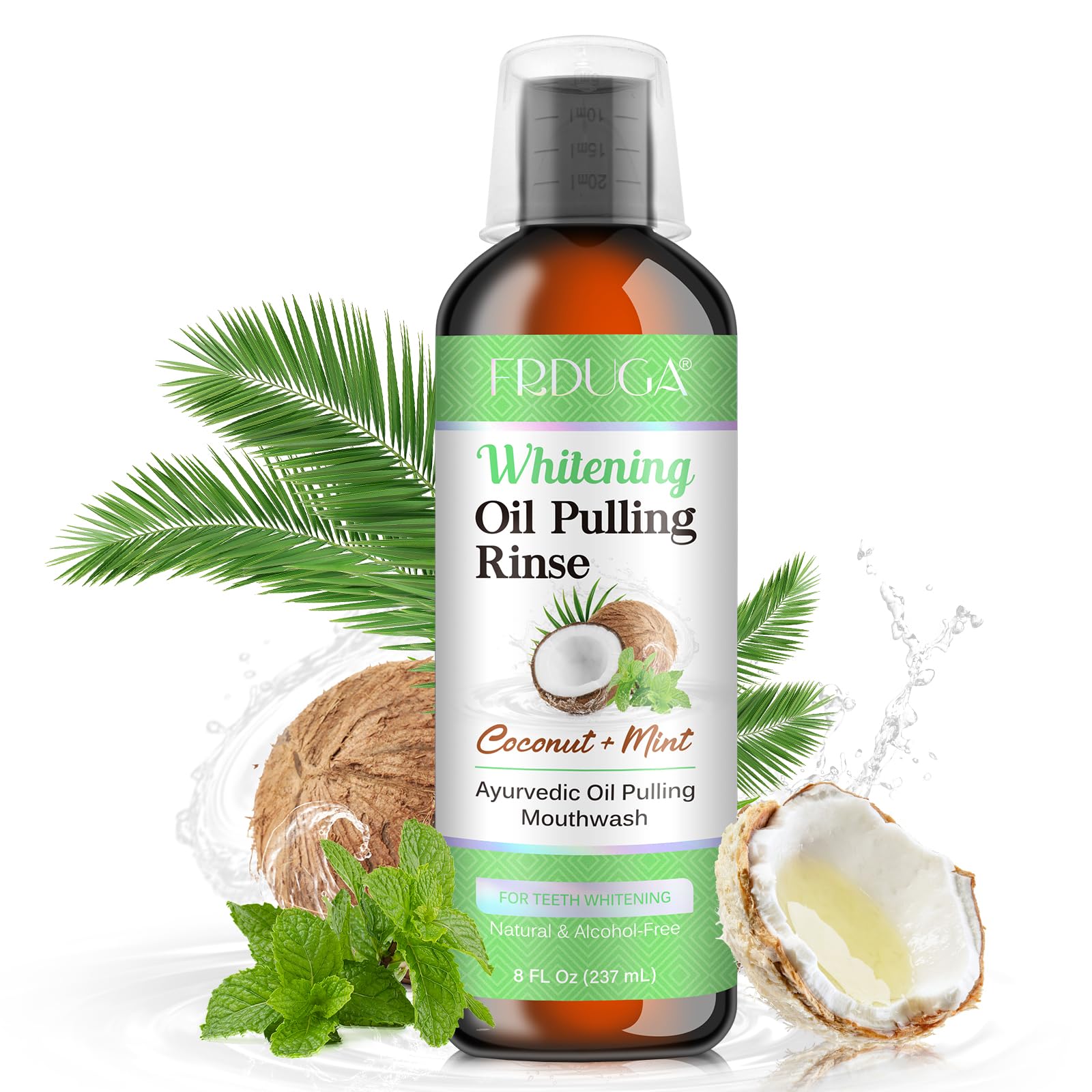 Front view of 8 oz oil pulling mouthwash bottle