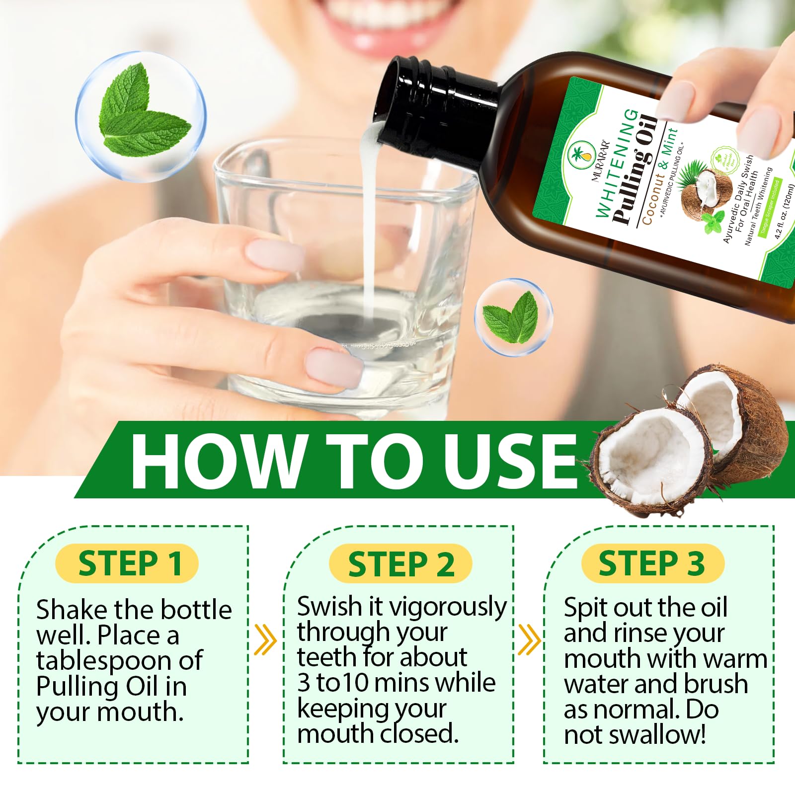 Illustration of fresh breath after using coconut mint oil pulling mouthwash.