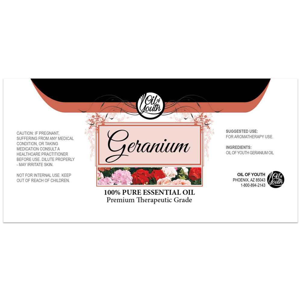 Close-up of Oil of Youth Geranium oil label