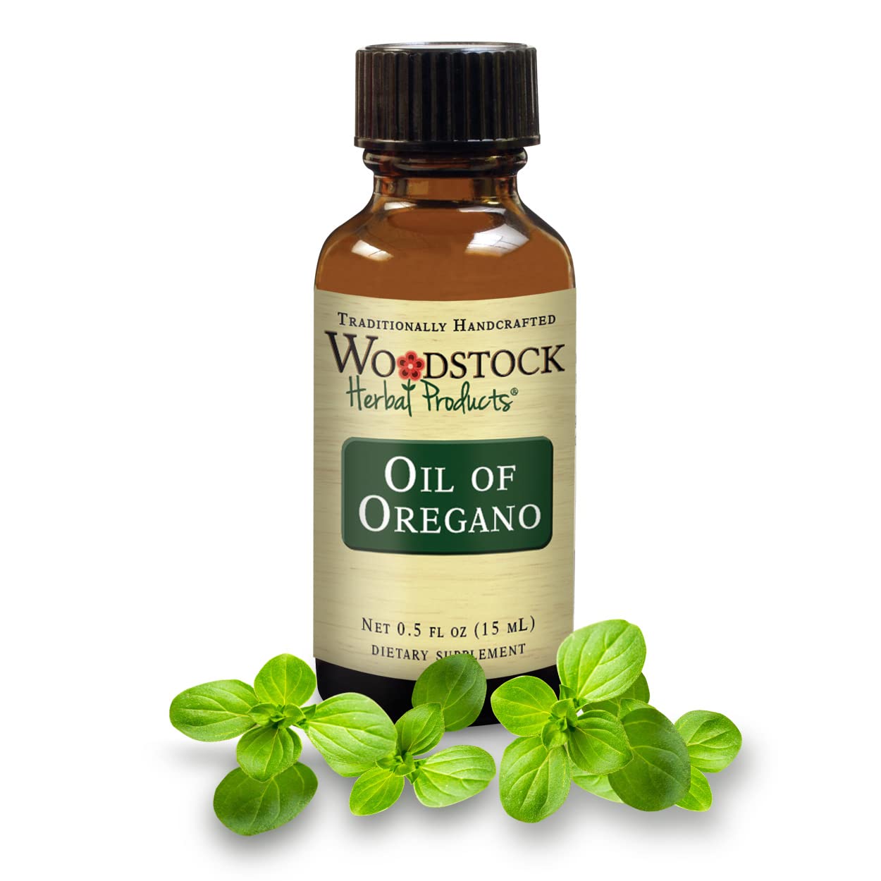 Bottle of Oil of Oregano 0.5 oz with Woodstock Herbal Products label