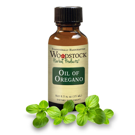 Bottle of Oil of Oregano 0.5 oz with Woodstock Herbal Products label