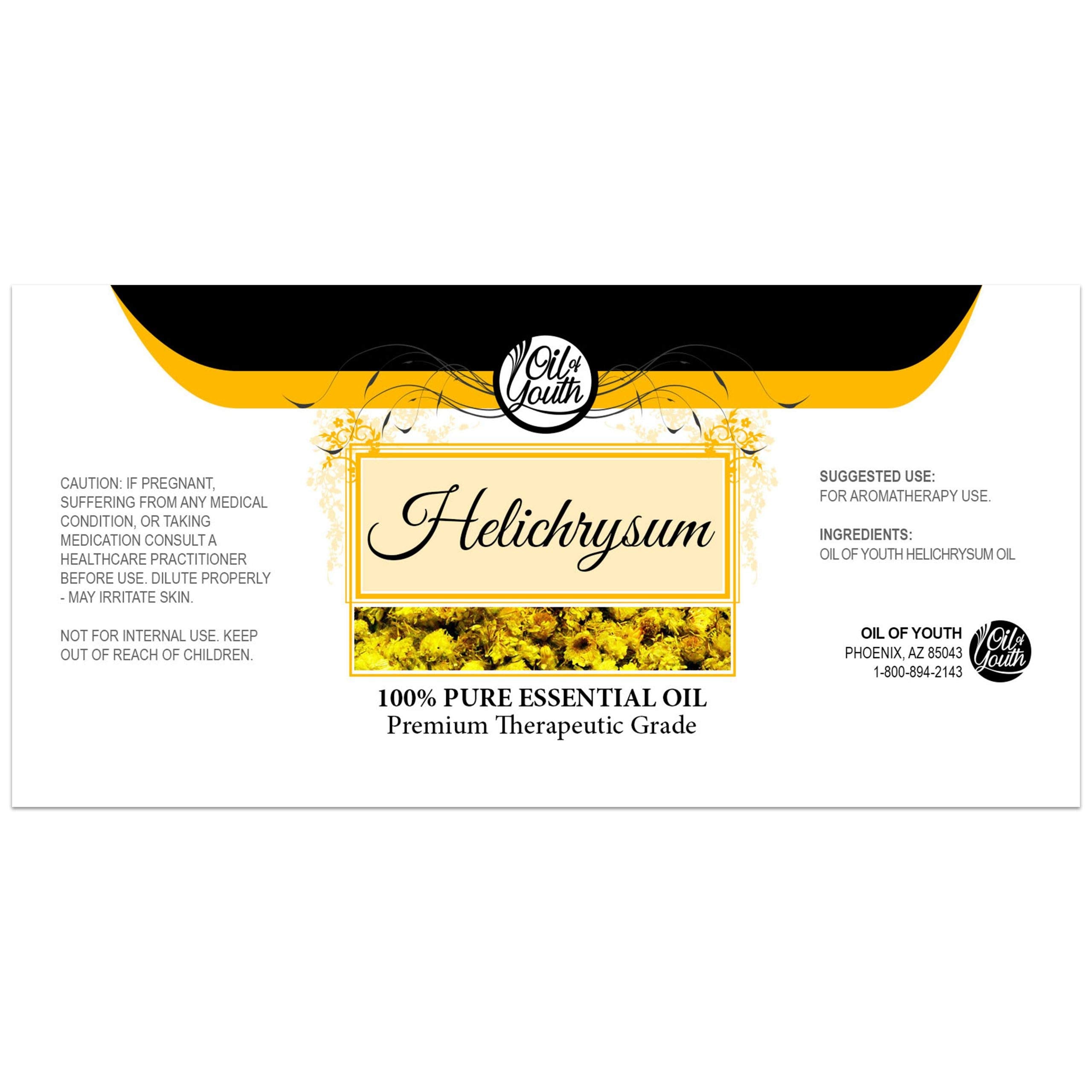 Label close-up of Helichrysum essential oil