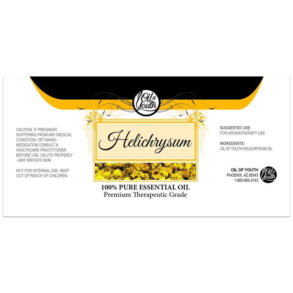 Label close-up of Helichrysum essential oil