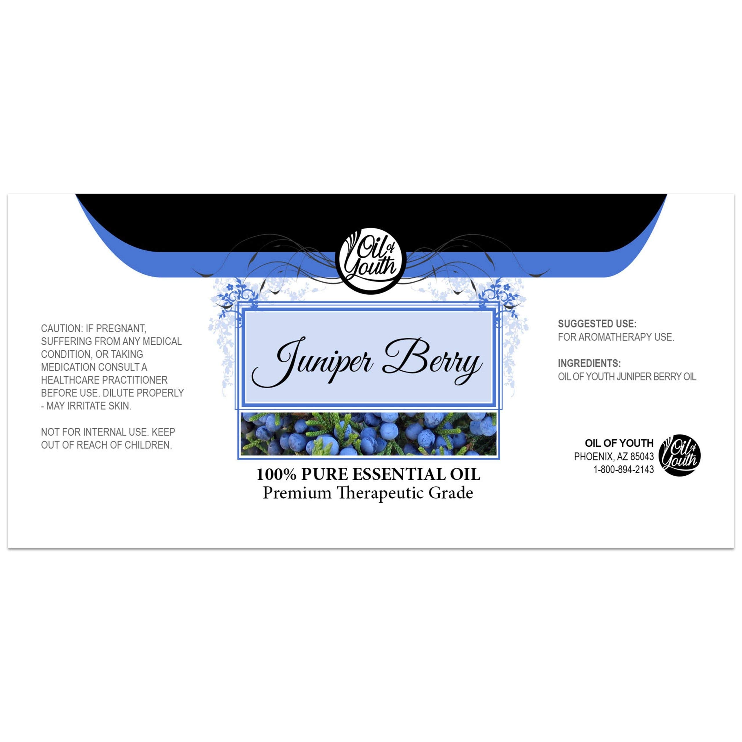 Close-up of Oil of Youth Juniper Berry 4oz bottle showing label