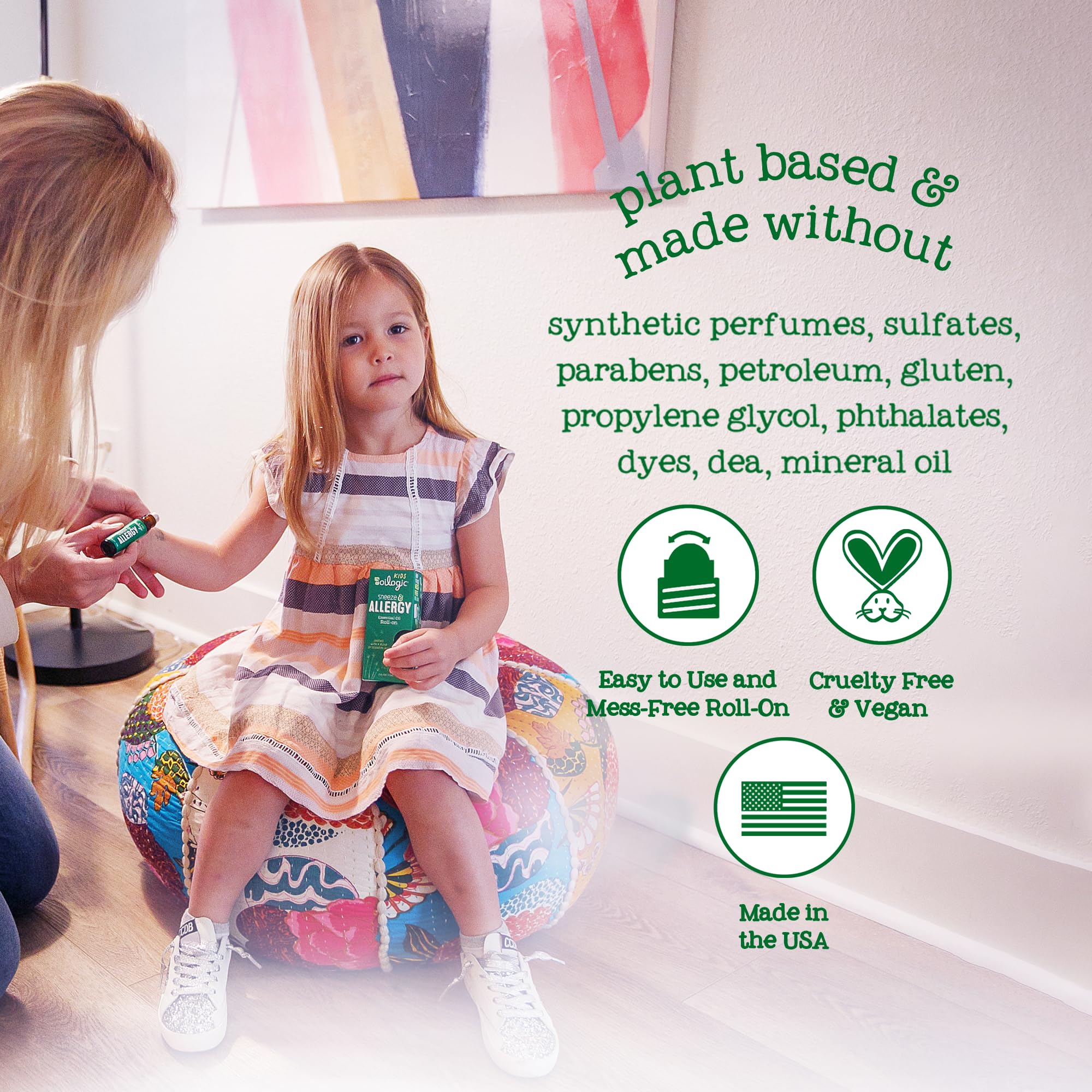 Close-up of essential oil ingredients on Oilogic Kids Sneeze & Allergy roll-on