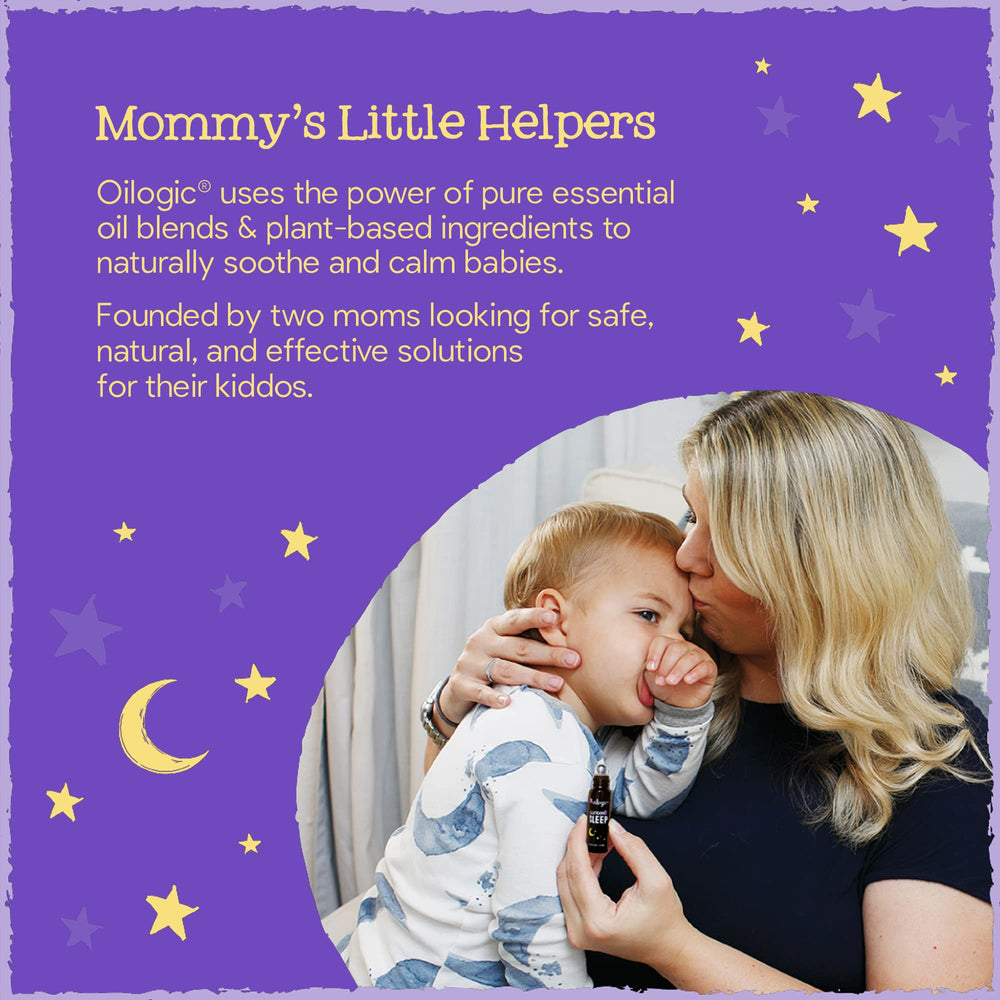 Baby sleeping peacefully with Oilogic products nearby
