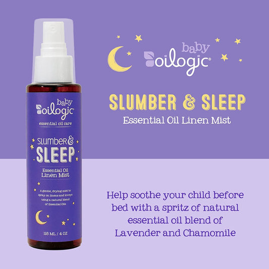Spraying Oilogic linen mist on baby bedding for sleep