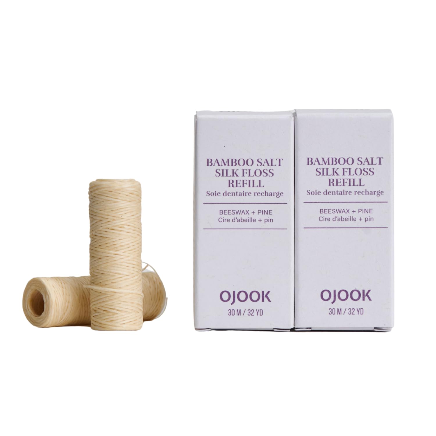 OJOOK Bamboo Salt Silk Floss Refill – Pine Flavor packaging with 2 spools