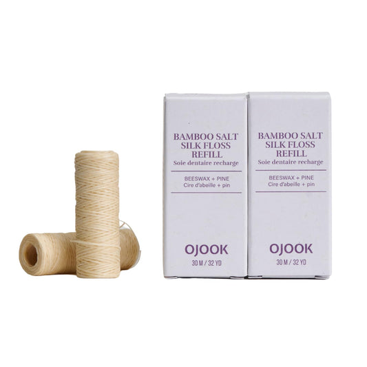 OJOOK Bamboo Salt Silk Floss Refill – Pine Flavor packaging with 2 spools