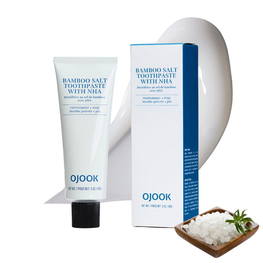 Product front view of OJOOK Bamboo Salt Toothpaste with nHA tube and packaging