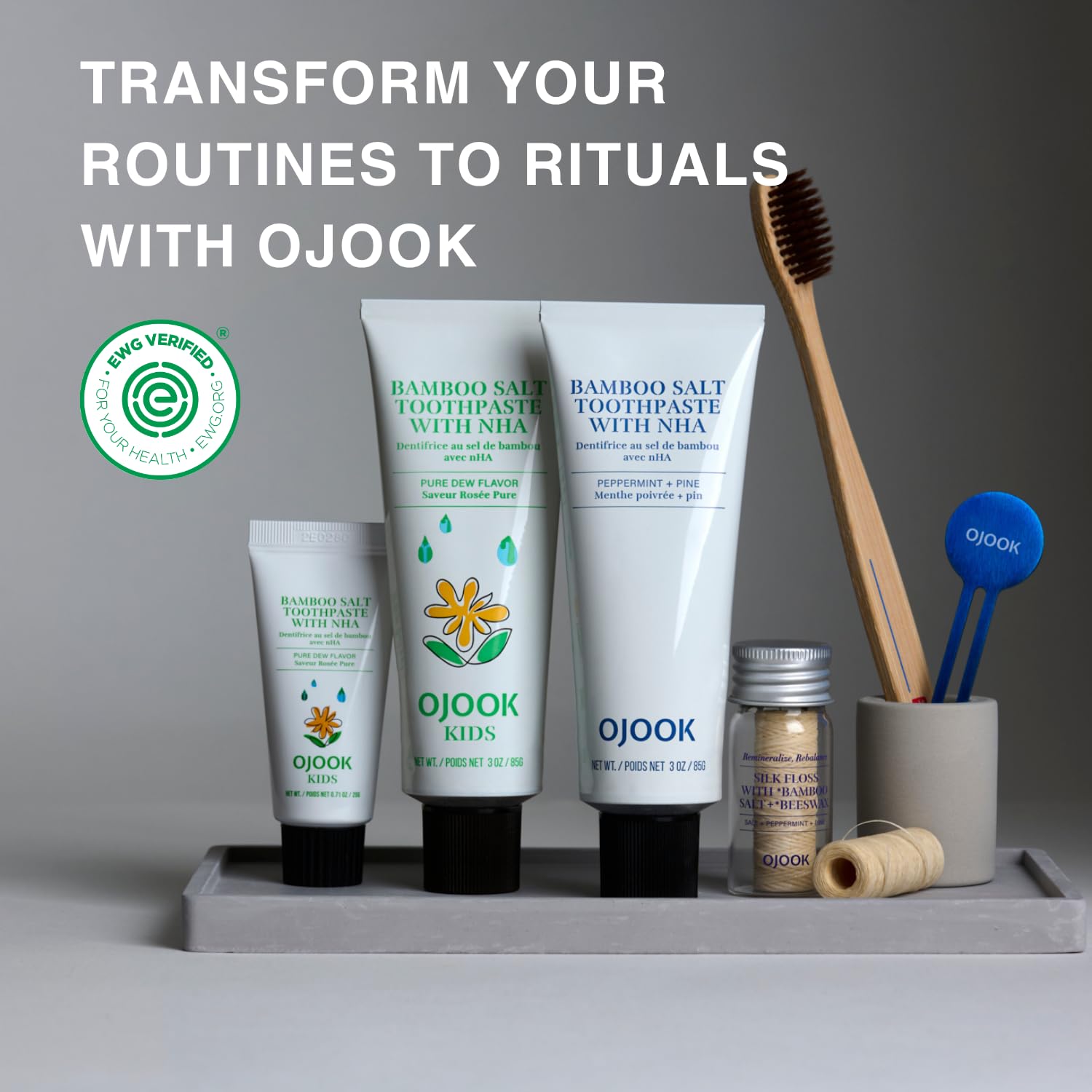 Lifestyle shot with toothpaste and toothbrush in a clean bathroom