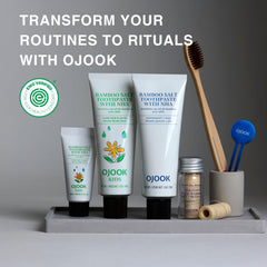 Lifestyle shot with toothpaste and toothbrush in a clean bathroom