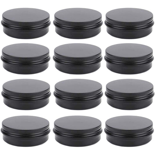 OJYUDD 12-pack aluminum tin jars neatly organized for travel, samples, and cosmetics.