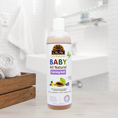 Soft rinse of Okay Baby Calming Bath on baby's skin