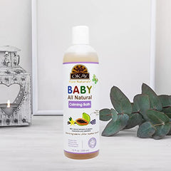 Natural baby bath product packaging for Okay Baby Calming Bath
