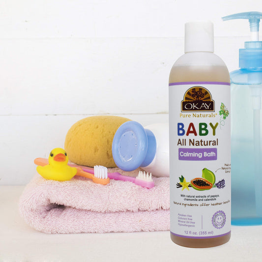 Close-up of Okay Baby Calming Bath label highlighting papaya, vanilla and lavender