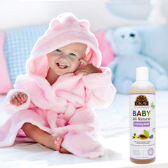 Baby bath being poured and lathered with Okay Baby Calming Bath