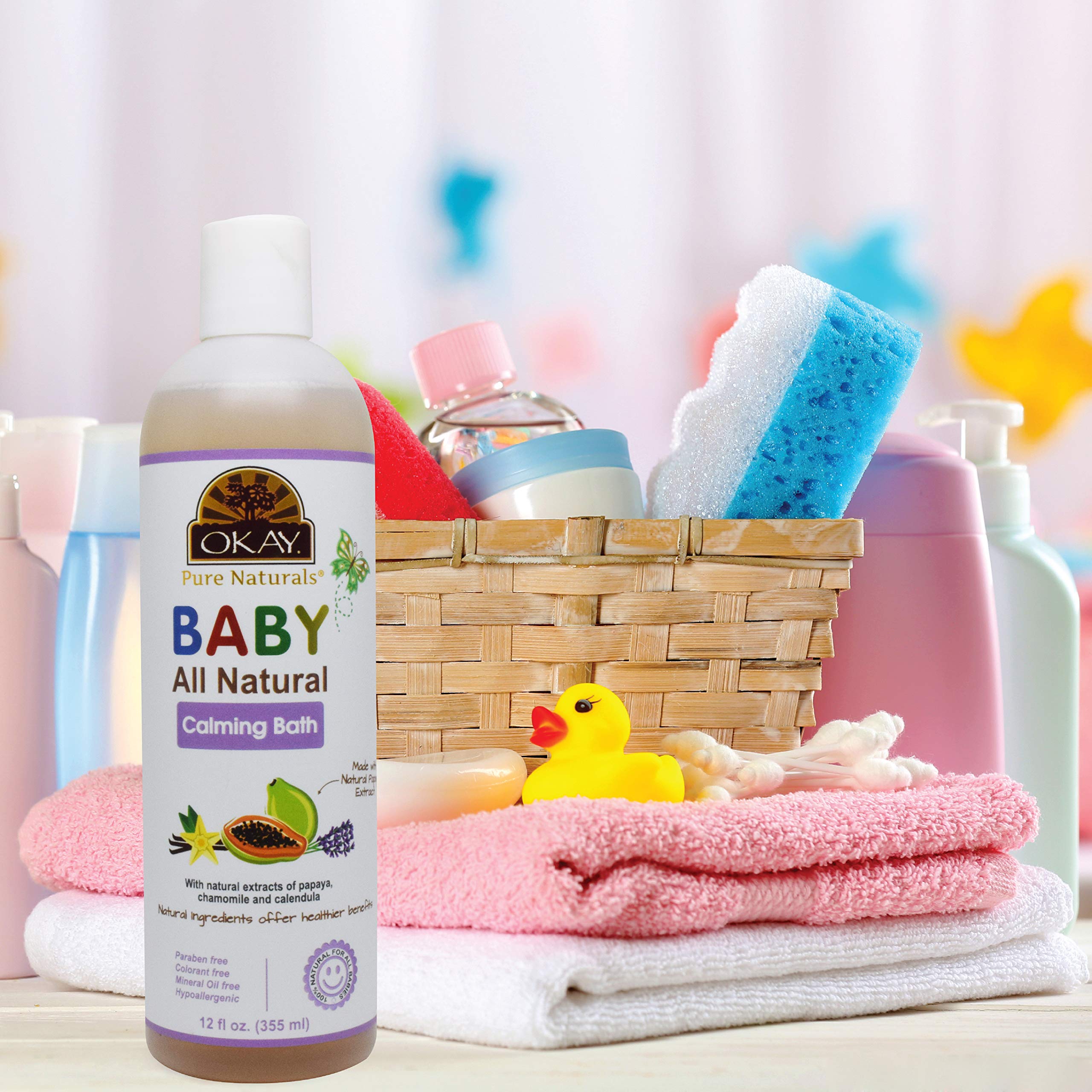 Bottle showing easy rinse formula for Okay Baby Calming Bath