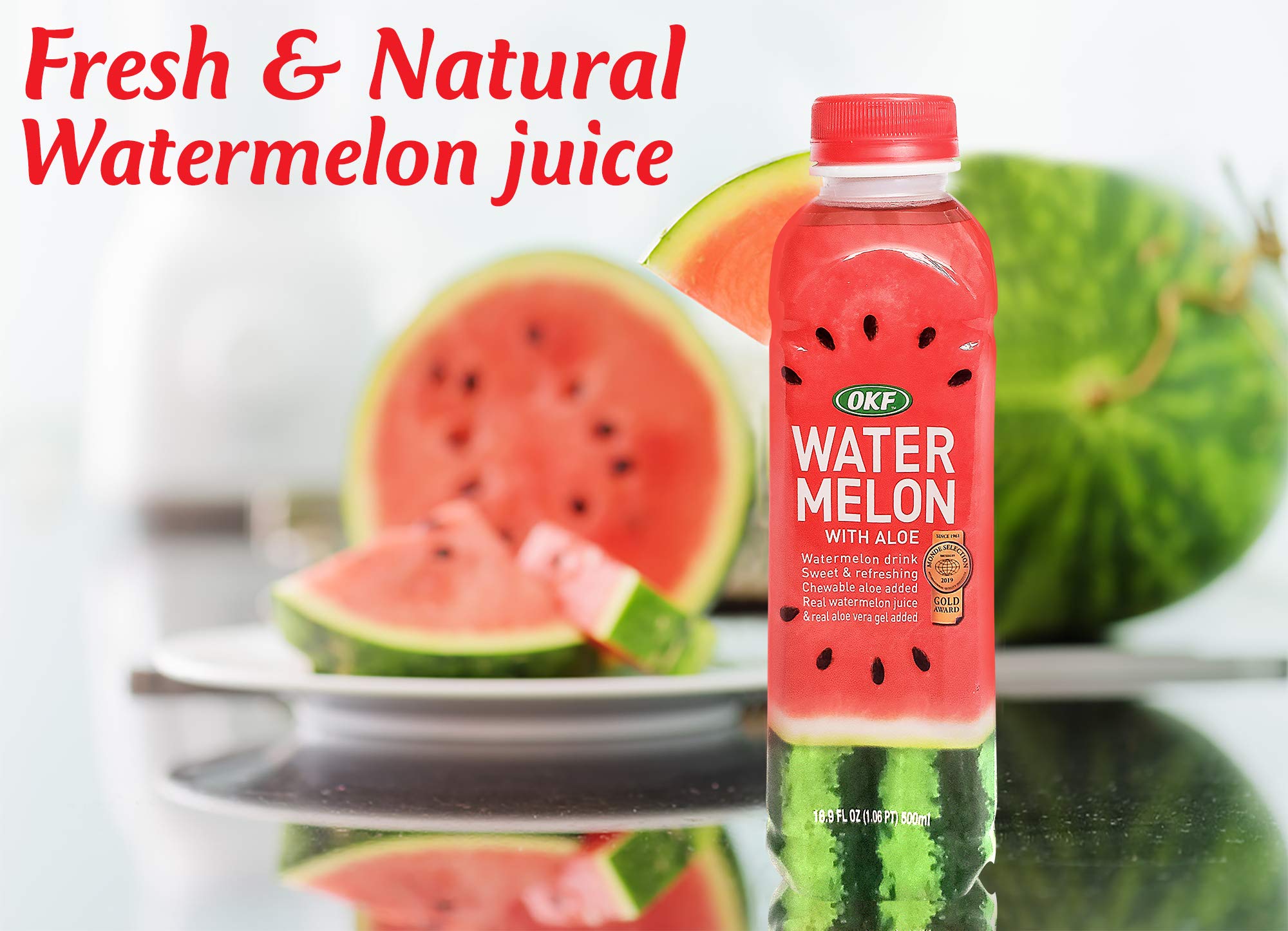 Close-up of ingredients and real juice in OKF Watermelon Aloe Vera