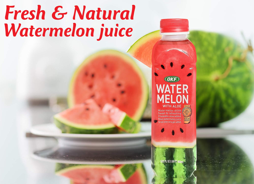 Close-up of ingredients and real juice in OKF Watermelon Aloe Vera