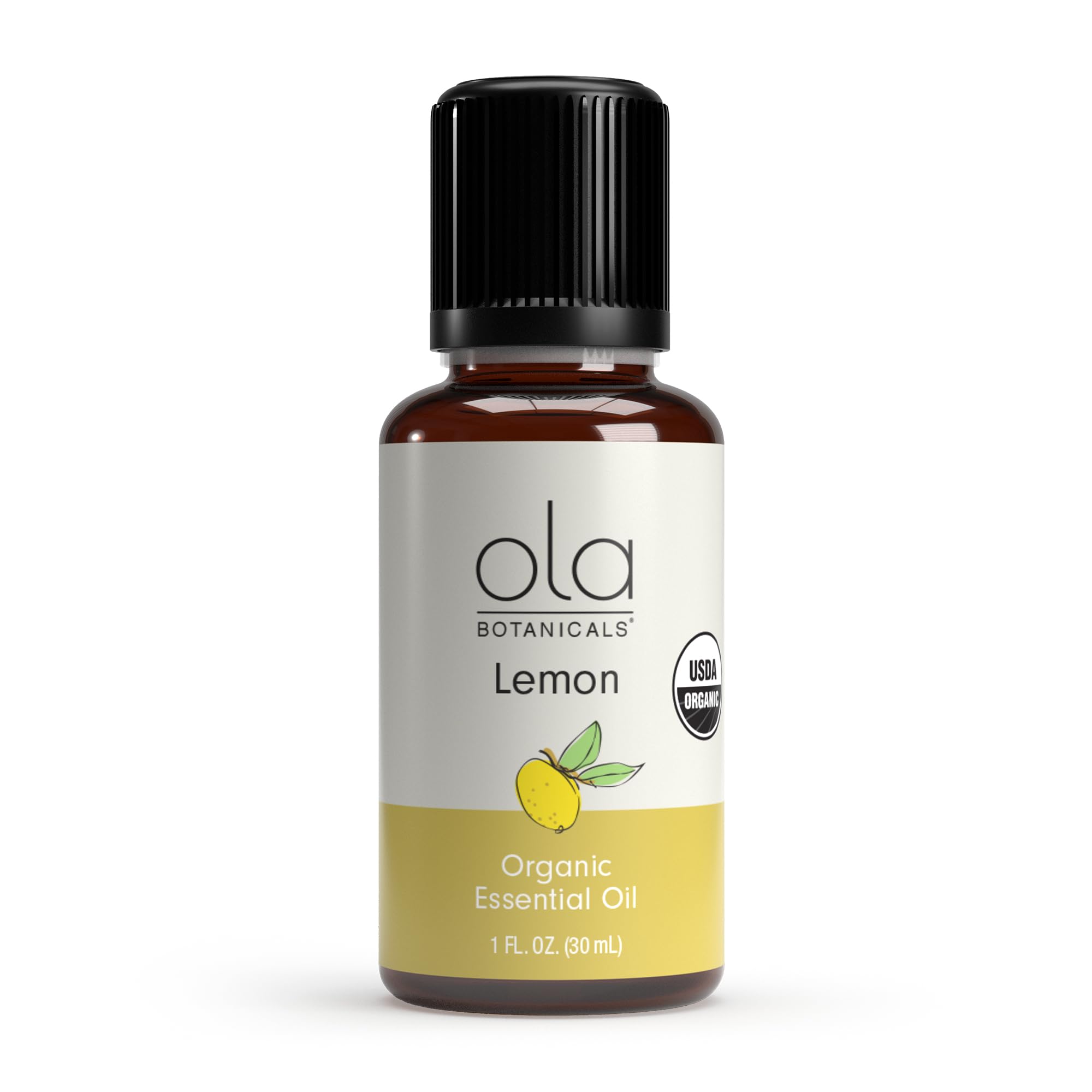 Ola Botanicals Organic Lemon Essential Oil bottle with zesty aroma for fresh spaces.