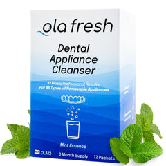 Ola Fresh Dental Appliance Cleanser box and packets with mint essence