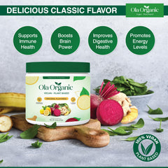 Ola Organic Greens powder being added to a smoothie