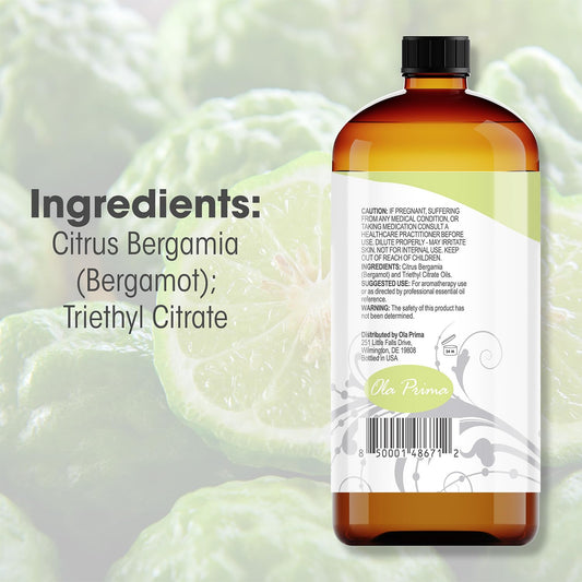 Amber glass Bergamot essential oil bottle with Ola Prima label