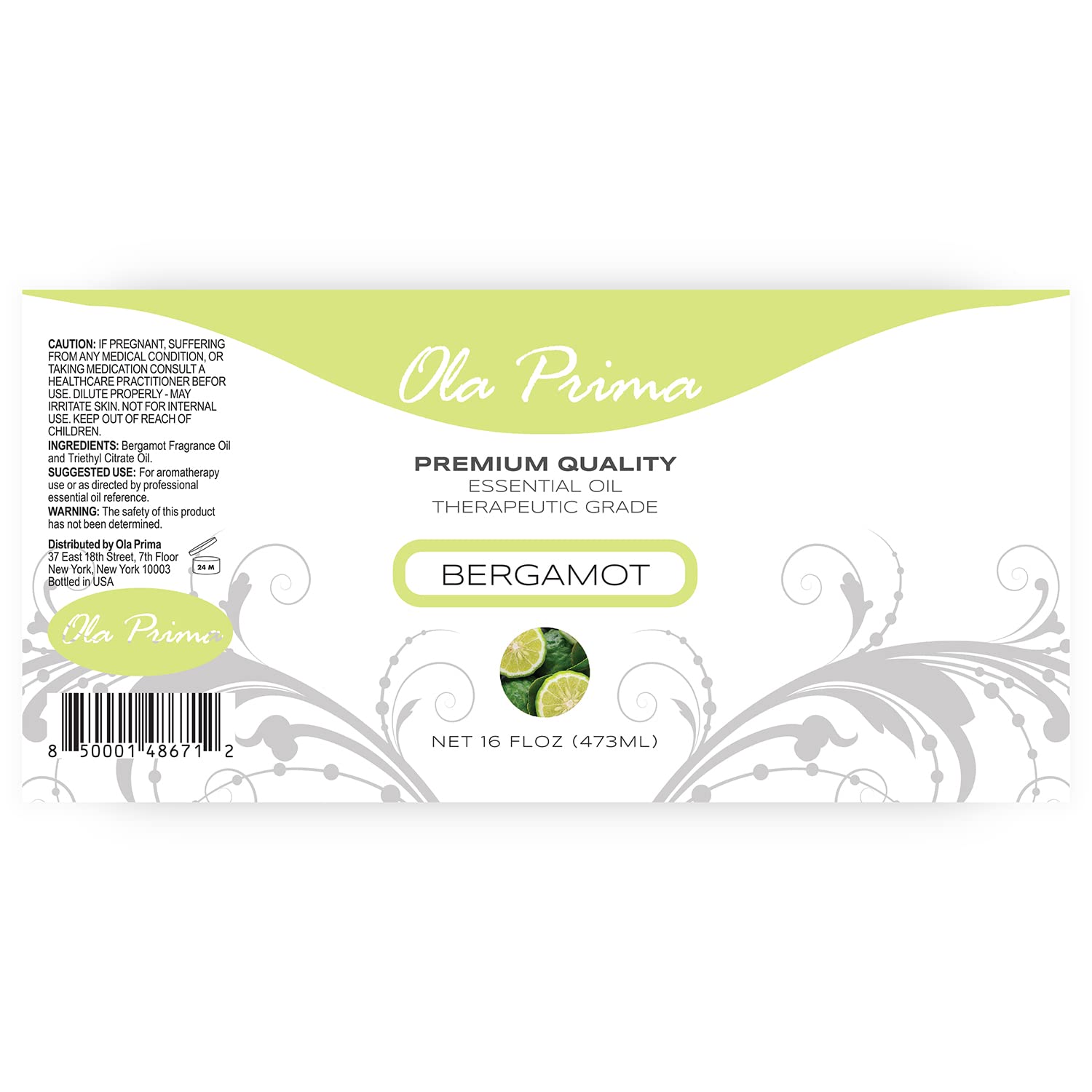Close-up of Ola Prima Bergamot essential oil 16oz bottle