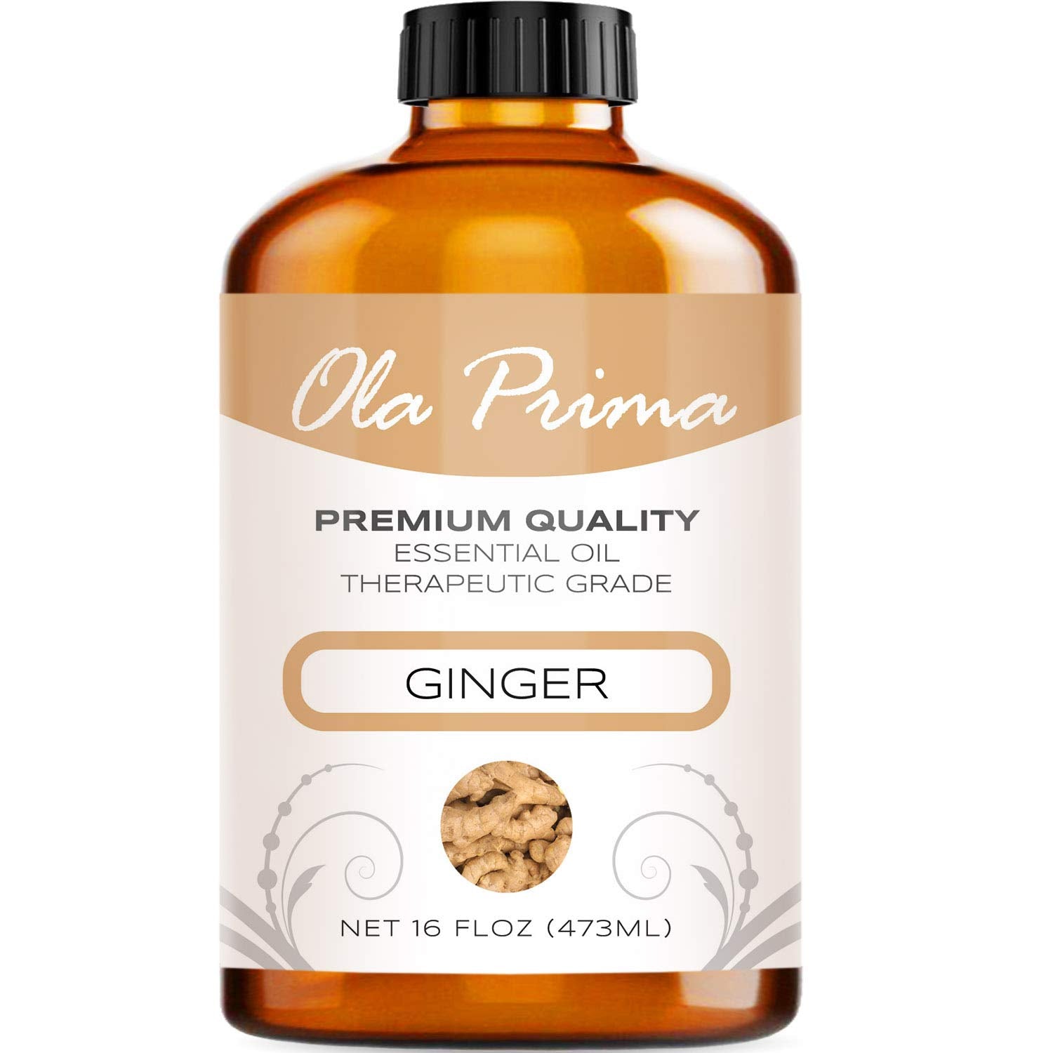 Ola Prima Ginger Essential Oil 16 oz in a UV-resistant amber bottle