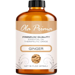 Ola Prima Ginger Essential Oil 16 oz in a UV-resistant amber bottle