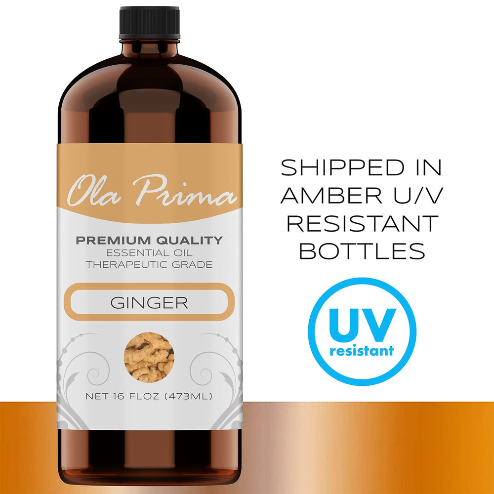 Amber glass bottle of Ola Prima Ginger Essential Oil