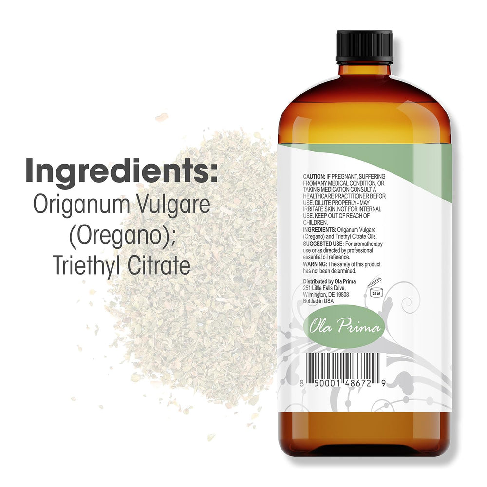 Ola Prima oregano oil 16oz amber bottle close-up