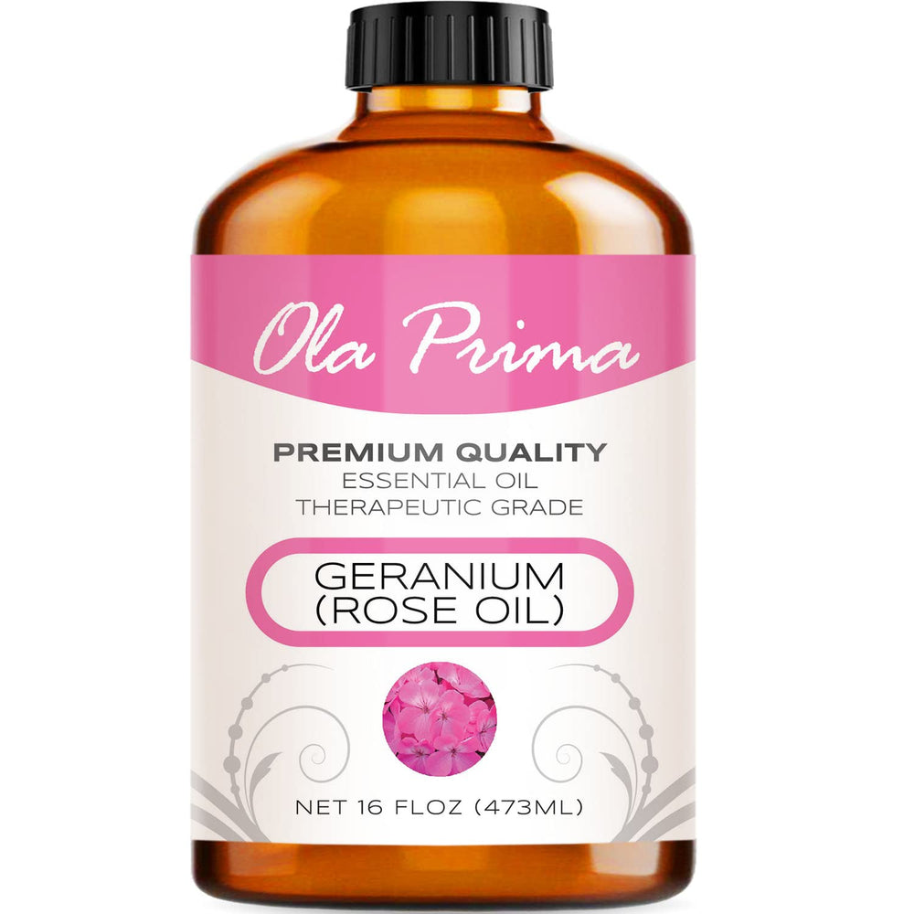 Ola Prima Rose Geranium essential oil 16oz in amber glass bottle