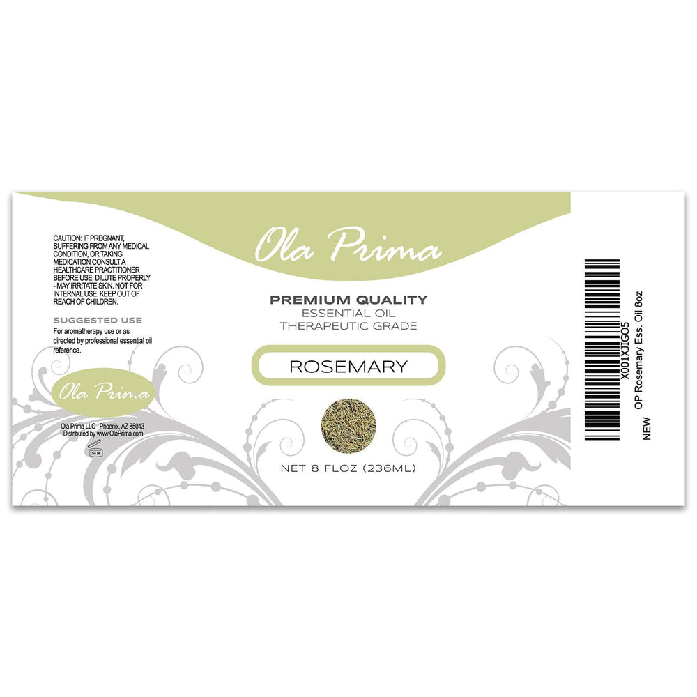 Close-up of Ola Prima Rosemary Essential Oil in an 8 oz amber bottle