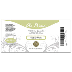 Close-up of Ola Prima Rosemary Essential Oil in an 8 oz amber bottle