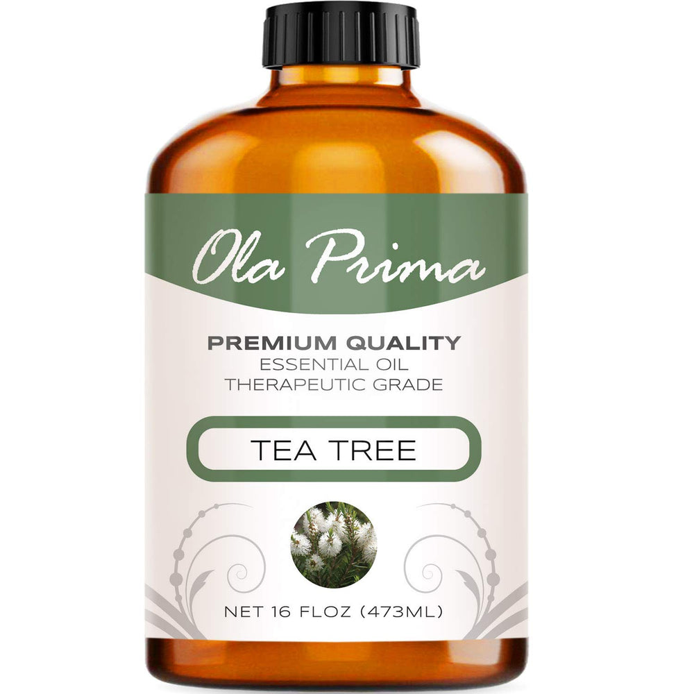 Ola Prima Tea Tree Essential Oil 16oz in UV-resistant amber bottle