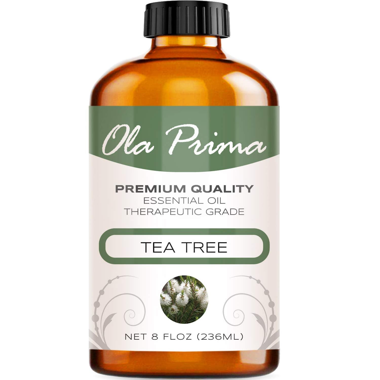 Ola Prima Tea Tree Essential Oil 8oz amber bottle - front view