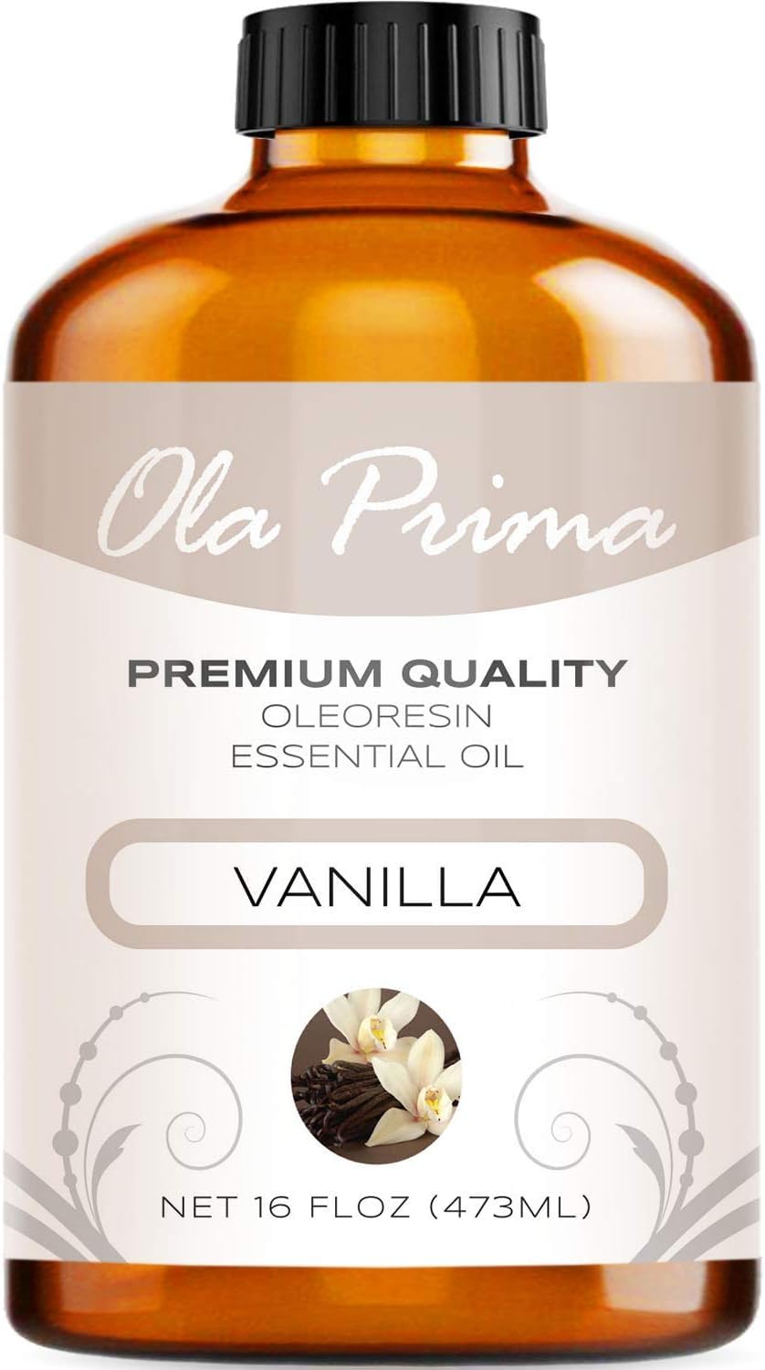 Ola Prima Vanilla Essential Oil 16oz in UV-resistant amber bottle