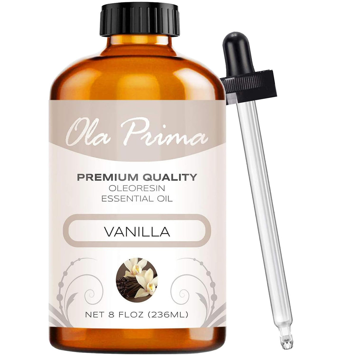 Ola Prima Vanilla Essential Oil 8oz amber bottle front view