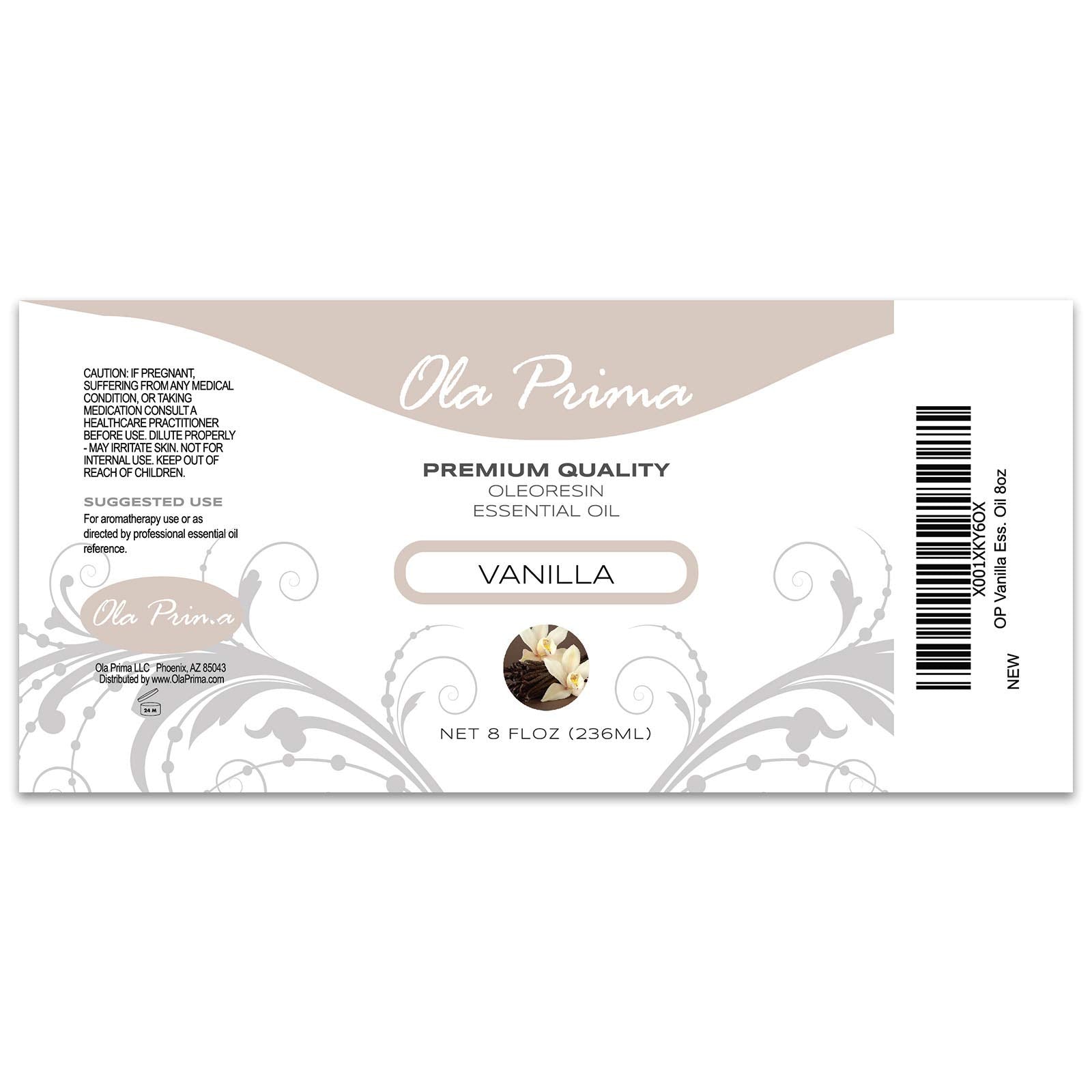 Close-up of Ola Prima Vanilla Essential Oil 8oz amber bottle label