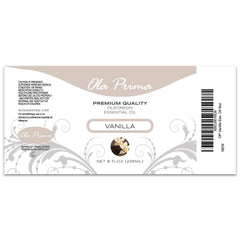 Close-up of Ola Prima Vanilla Essential Oil 8oz amber bottle label