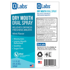 Back of OLabs Dry Mouth Spray packaging showing usage