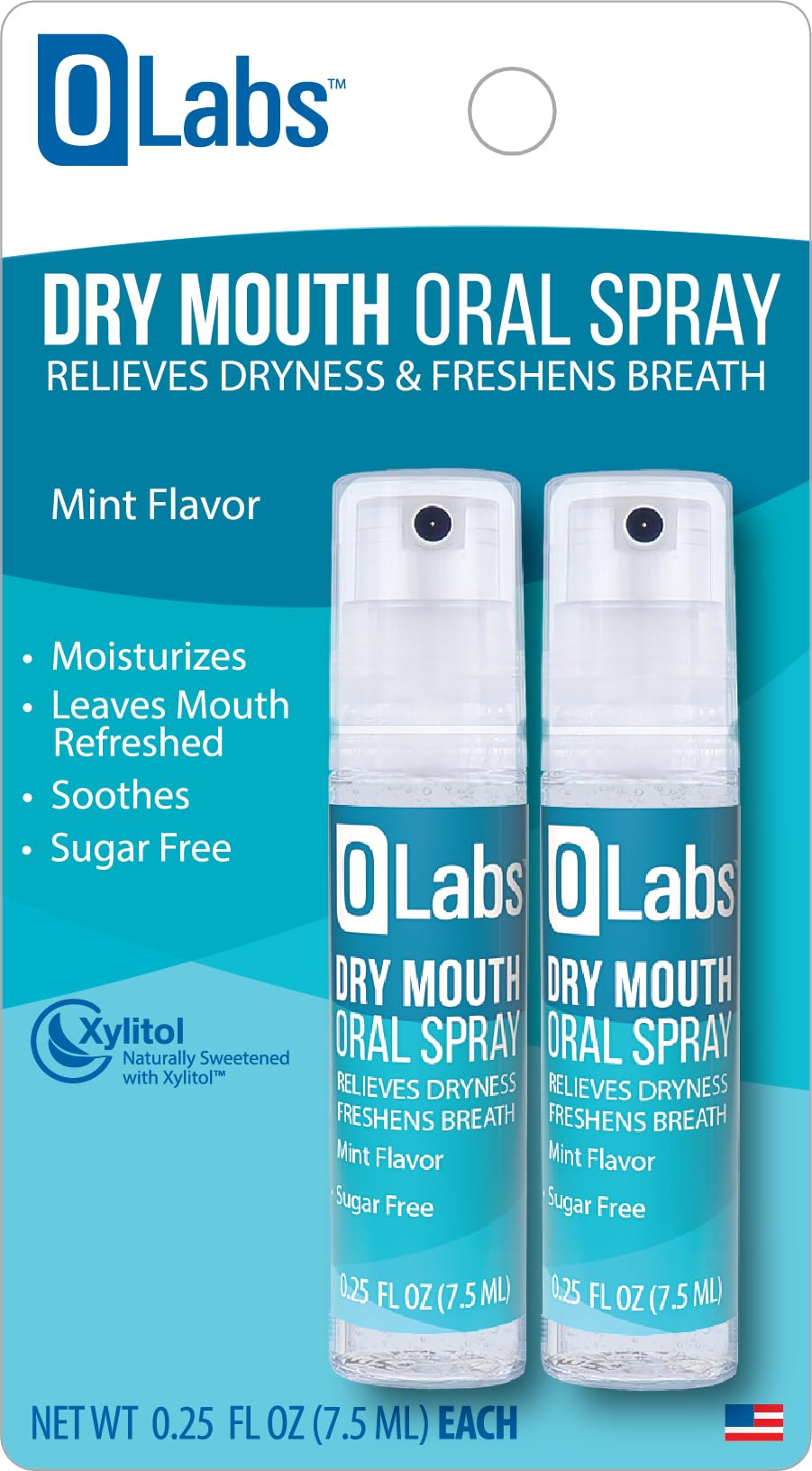 Close-up of OLabs Dry Mouth Spray mint bottle