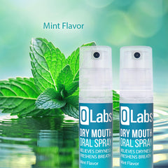 Close-up of Olabs Dry Mouth Spray mint flavor bottle