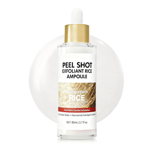 OLACLUK Peel Shot Glow bottle close-up showing gentle exfoliation for all skin types.