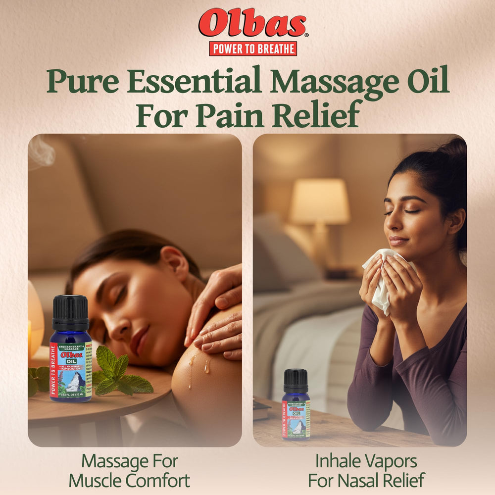 Olbas aromatherapy oil bottle used for massage