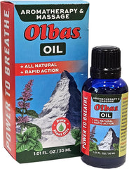 Olbas Massage and Aromatherapy Oil bottle with label on white background
