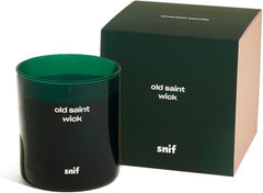 Side view of Old Saint Wick candle with Snif label