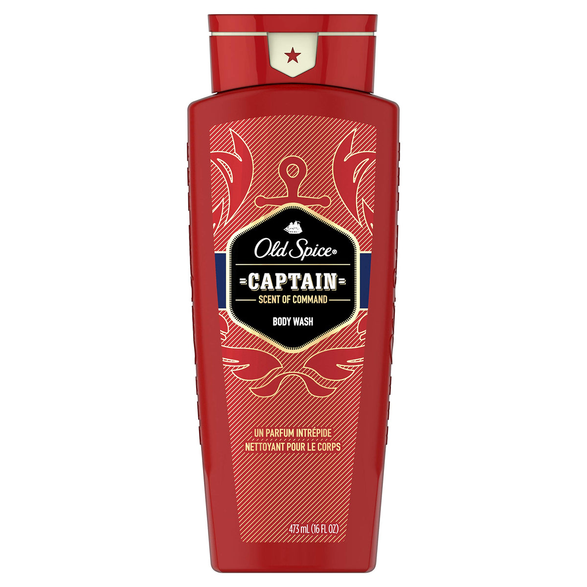 Old Spice Red Collection Captain bottle showcases bold sandalwood and ocean aroma for daily freshness.